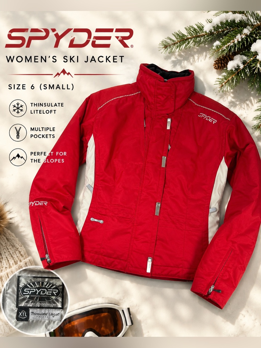 Spyder Women’s Red & White Insulated Ski Jacket Size 6 Small Thinsulate
